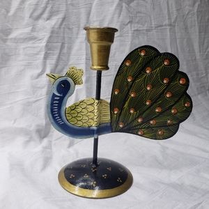 Metal Peacock Candlestick Holder Handpainted India